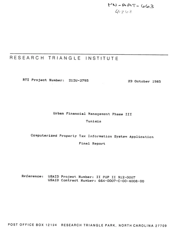 Urban financial management phase III, Tunisia : computerized property tax information system application, final report