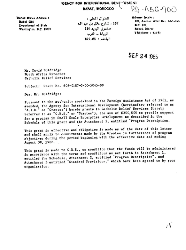 AID grant no. 608-0187-G-00-5045-00 to Catholic Relief Services to support a small-scale enterprise development project in Morocco