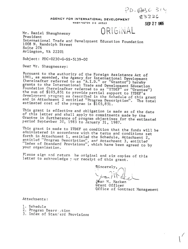 AID grant no. PDC-0230-G-SS-5139-00 to the International Trade and Development Education Foundation for a program in development education