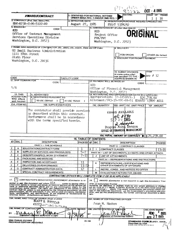 AID contract no. PDC-0230-C-00-5102-00 with US Small Business Administration for a program in development education