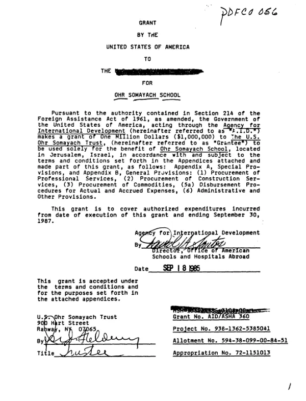 Grant by the United States of America to the Ohr Somayach Trust for Ohr Somayach School, Jerusalem, Israel