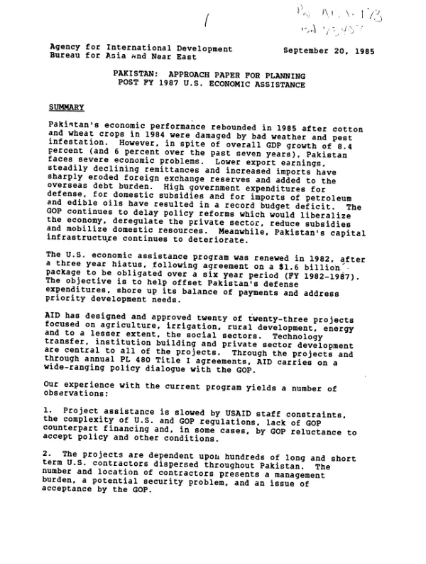 Pakistan : approach paper for planning post FY 1987 US economic assistance