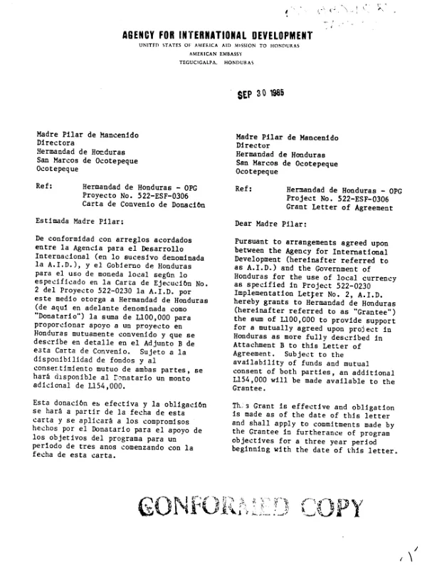 AID grant letter of agreement to Hermandad de Honduras for support in enhancing the nutritional education capacity and community development of sixteen villages located in southwestern Honduras