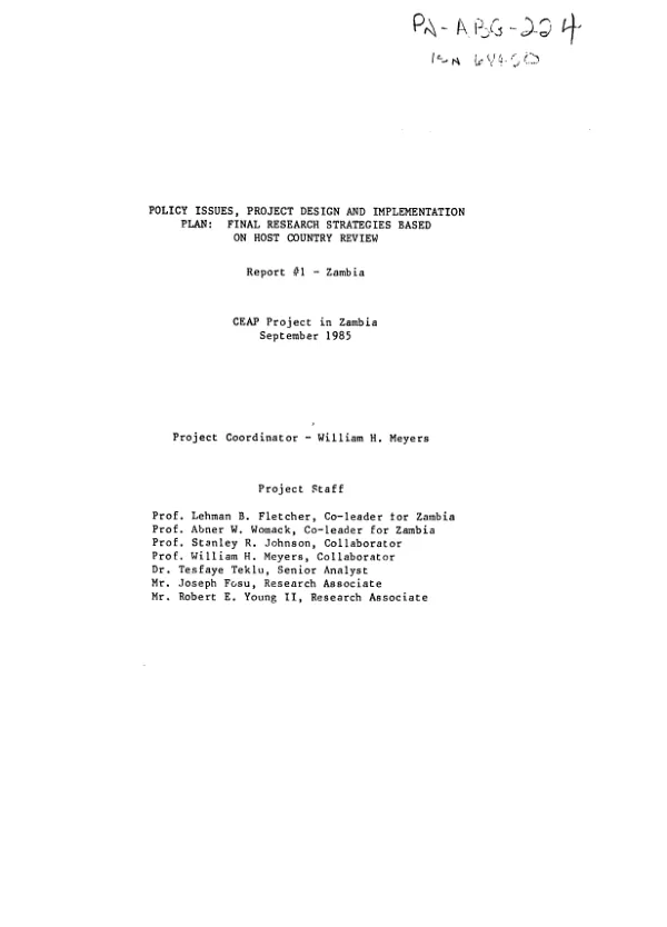 Policy issues, project design and implementation plan : final research strategies based on host country review