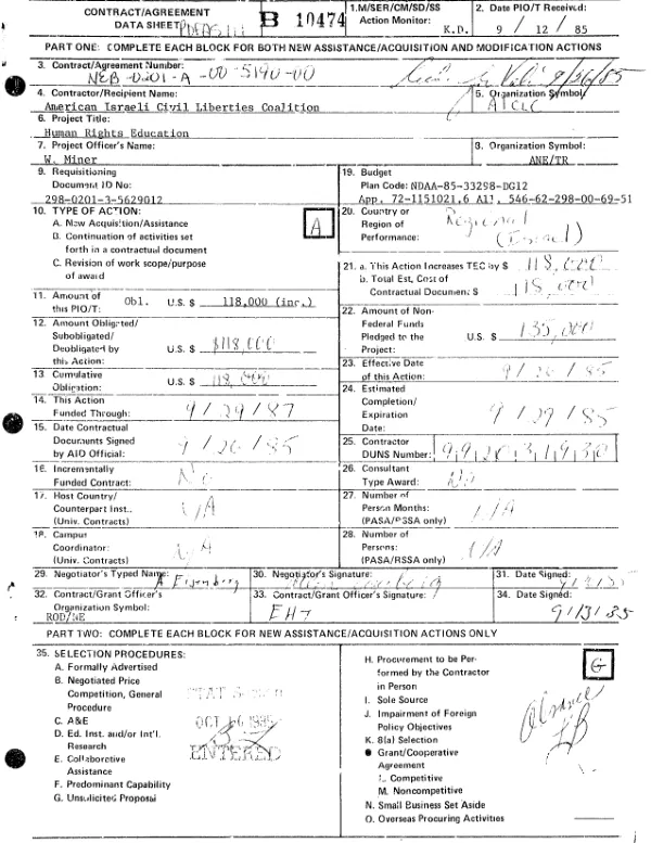 AID cooperative agreement no. NEB-0201-A-00-5190-00 to American-Israeli Civil Liberties Coalition, Inc. for a program in the production of video instructional tapes on civil and human rights
