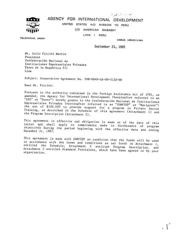 Cooperative agreement no. 598-0640-CA-00-5132-00 with Confederacion Nacional de Instituciones Empresariales Privadas