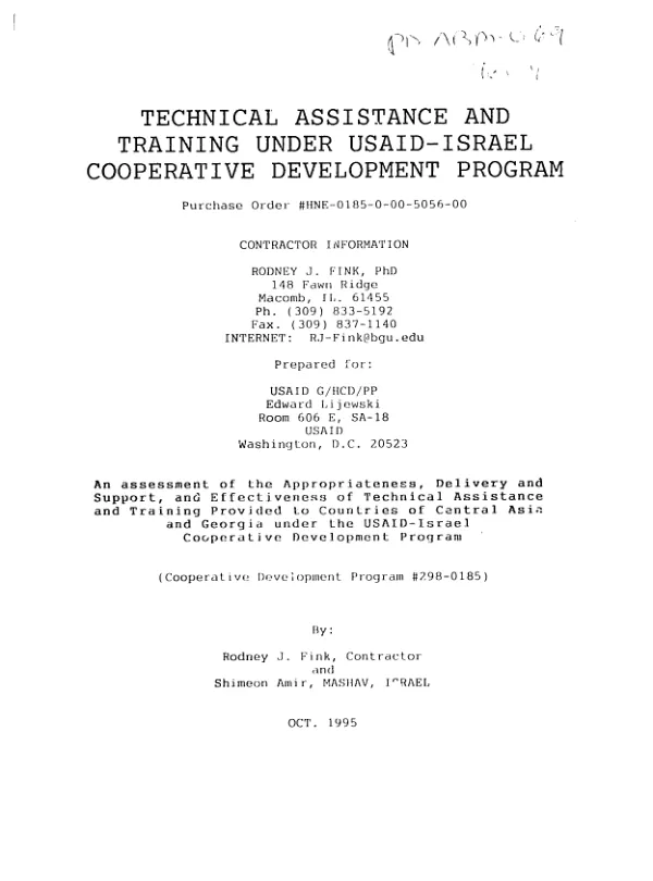 Technical assistance and training under USAID-Israel cooperative development program : an assessment of the appropriateness, delivery and support, and effectiveness of technical assistance and training provided to countries of Central Asia and Georgia under the USAID-Israel cooperative development program