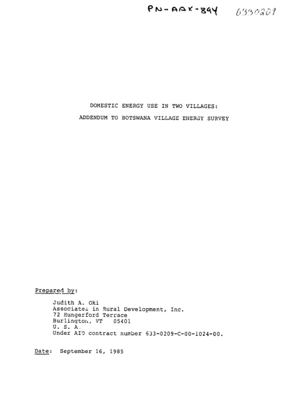 Domestic energy use of two villages : addendum to Botswana village energy survey