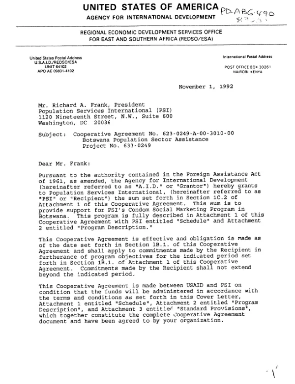 AID cooperative agreement no. 623-0249-A-00-3010-00 with the Population Services International (PSI) for the Botswana population sector assistance project