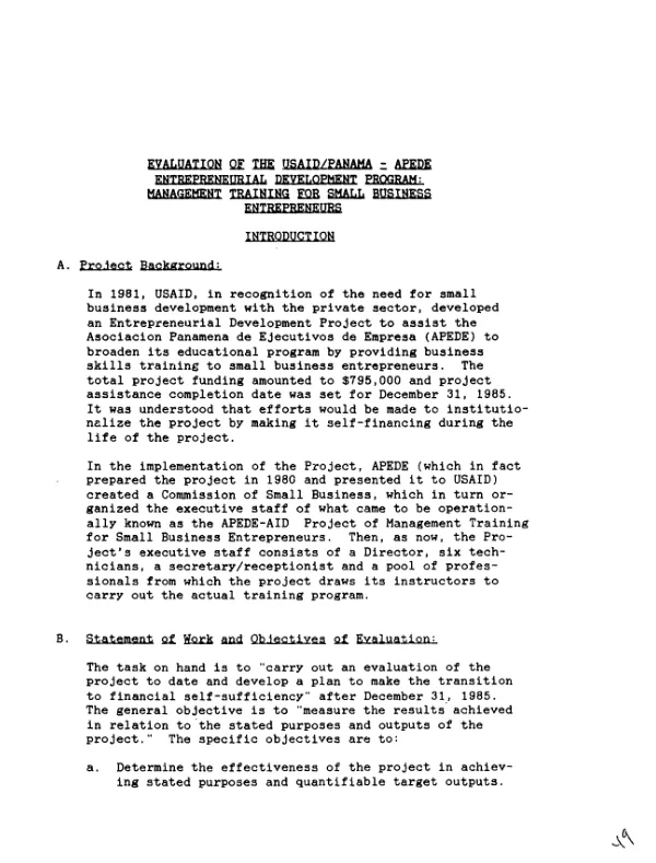 USAID-APEDE entrepreneurial development project no. 525-0189, Panama : final report