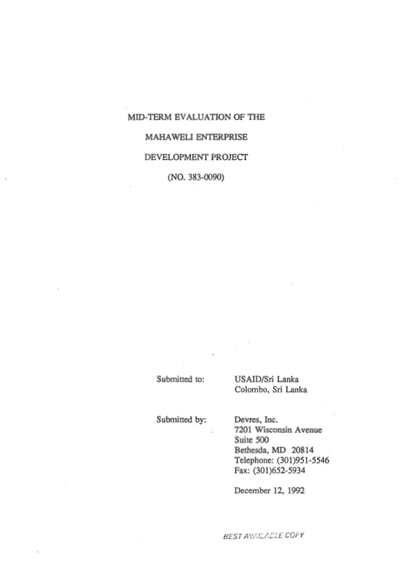Mid-term evaluation of the Mahaweli enterprise development project (no. 383-0090)