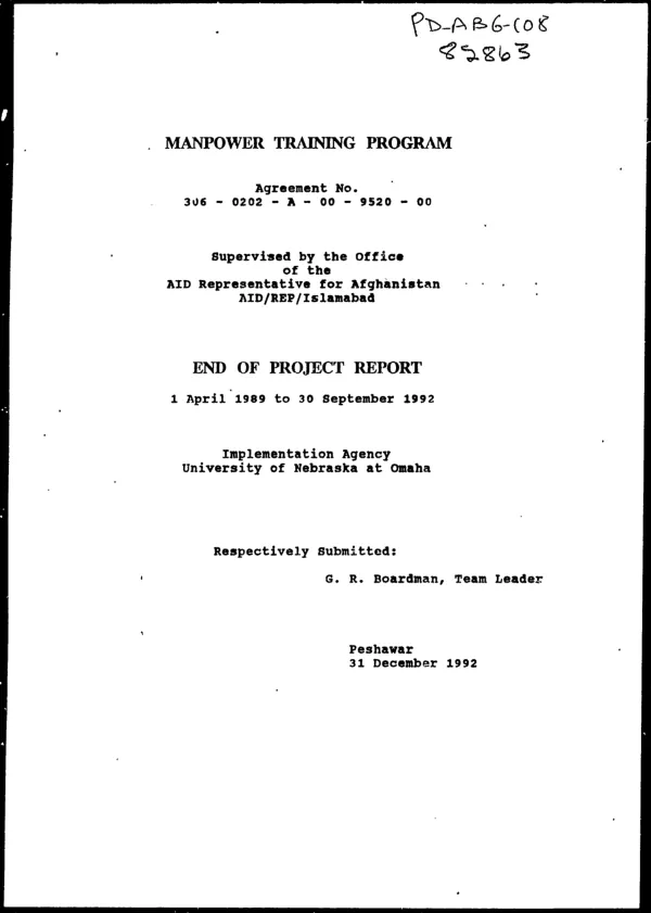 Manpower training program agreement no. 306-0202-A-00-9520-00 : end of project report, 1 April 1989 to 30 September 1992