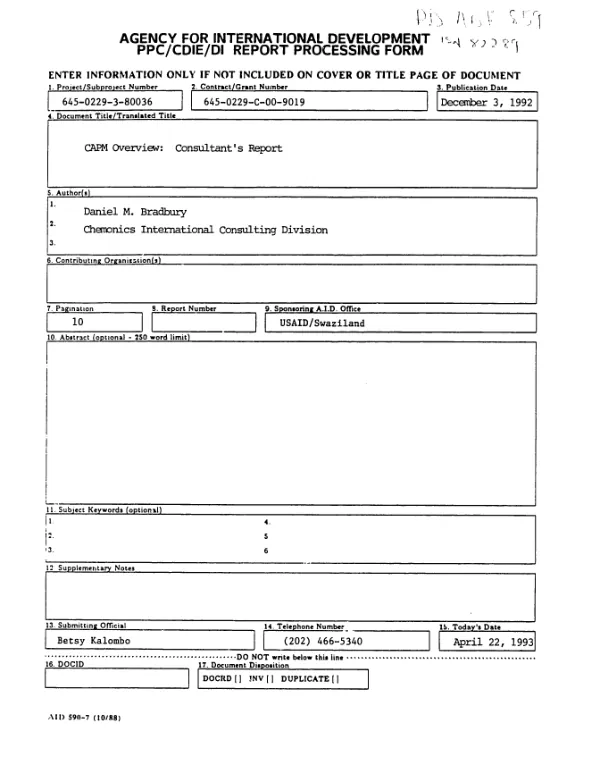 CAPM overview : consultant"s report -- commercial production and marketing project, contract number 645-0229-C-00-9019-00