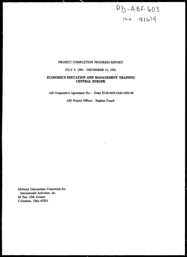 Project completion progress report : July 5, 1991-December 31, 1992 -- economics education and management training, Central Europe