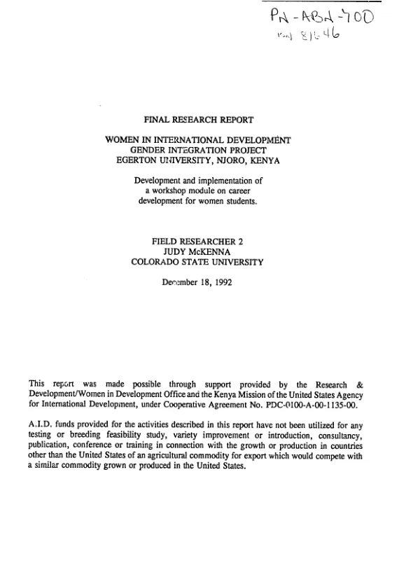 Final research report : women in international development, gender integration project, Egerton University, Njoro, Kenya -- development and implementation of a workshop module on career development for women students