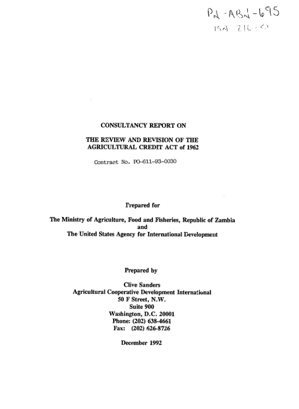 Consultancy report on the review and revision of the Agricultural Credit Act of 1962 -- contract no. PO-611-93-0030