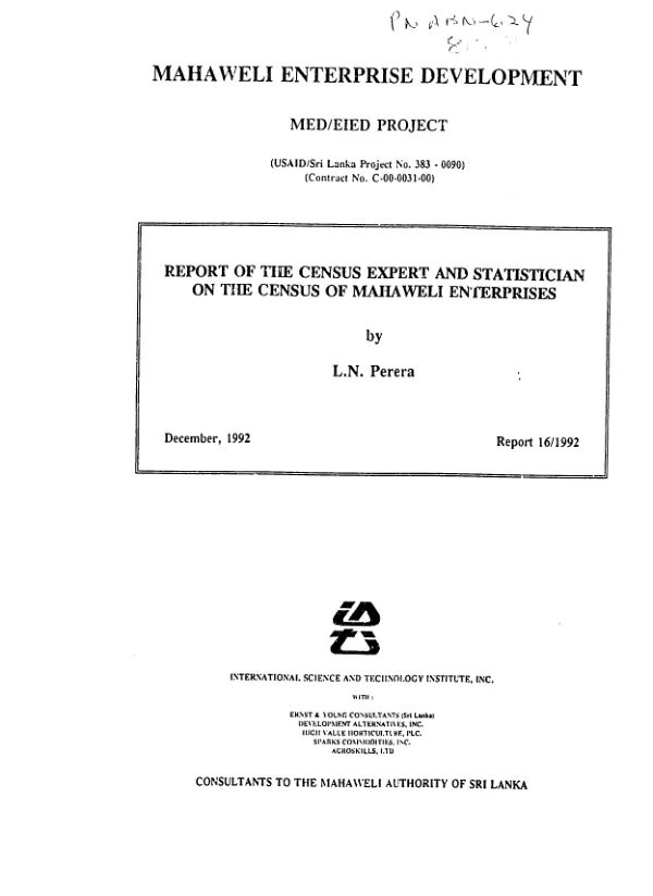 Report of the census expert and statistician on the census of Mahaweli enterprises