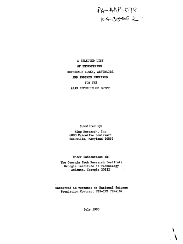 Selected list of engineering reference books, abstracts, and indexes prepared for the Arab Republic of Egypt