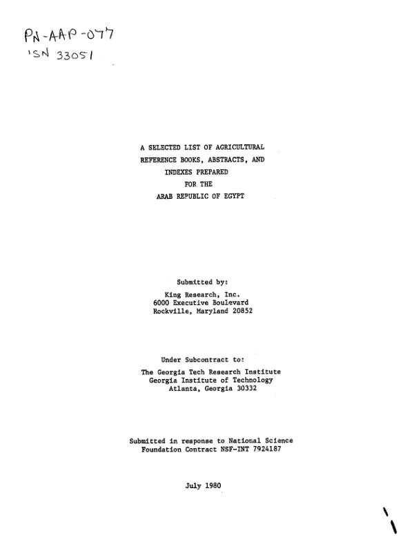 Selected list of agricultural reference books, abstracts, and indexes prepared for the Arab Republic of Egypt