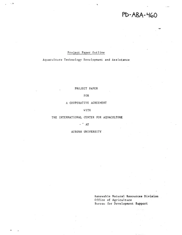 Project paper for a cooperative agreement with the International Center for Aquaculture at Auburn University