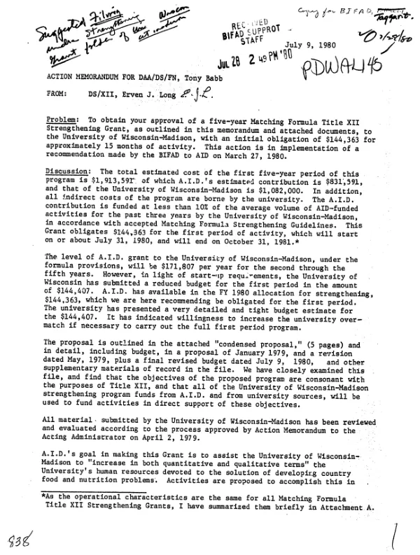 Action memorandum to obtain approval of a five-year matching formula Title XII strengthening grant for the University of Wisconsin, Madison