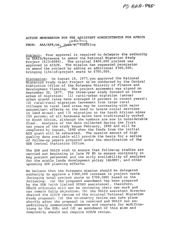 Action memorandum for the assistant administrator for Africa for approval to amend the national migration study