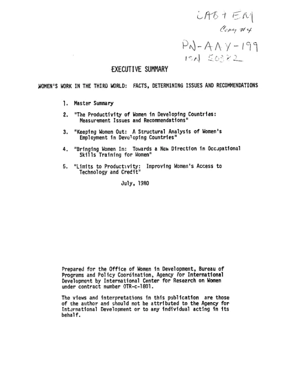 Executive summary - women"s work in the third world : facts, determining issues and recommendations
