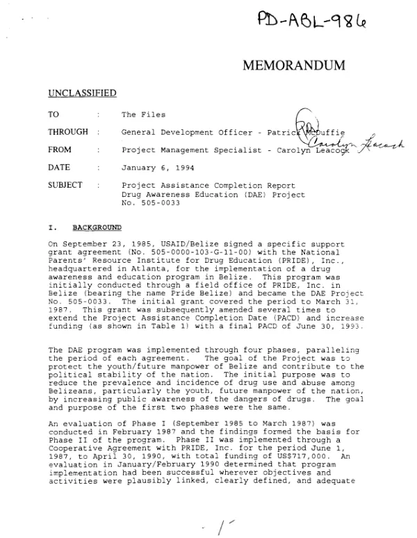 Project assistance completion report : drug awareness education (DAE) project no. 505-0033