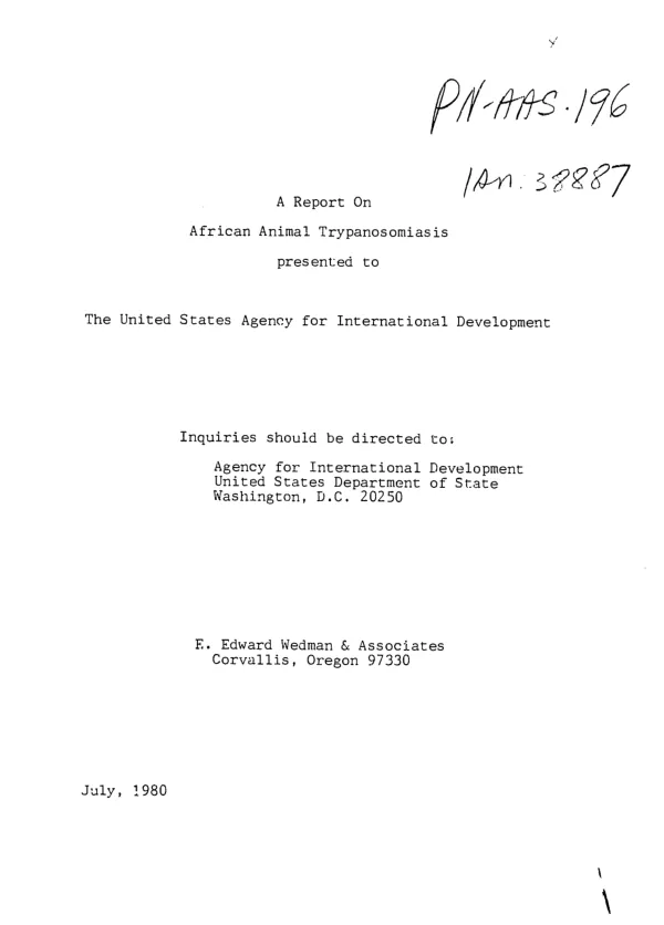 Report on African animal trypanosomiasis presented to the United States Agency for International Development