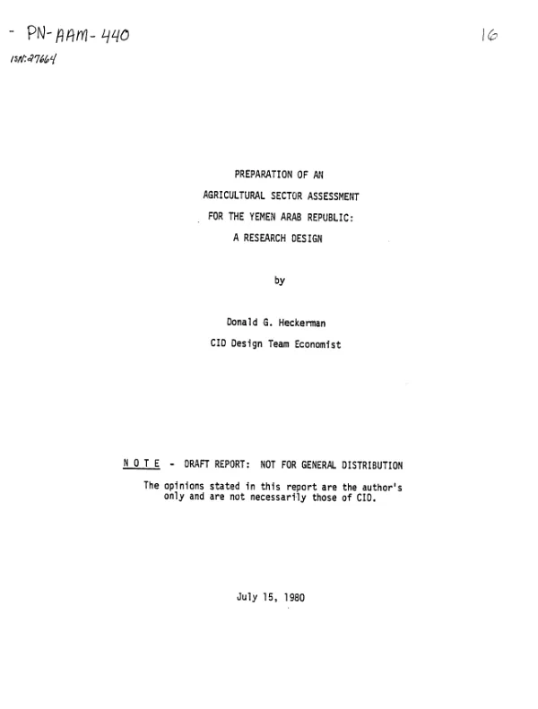 Preparation of an agricultural sector assessment for the Yemen Arab Republic : a research design