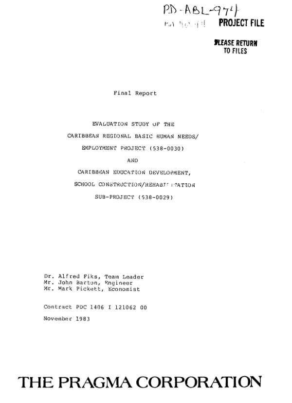 Final report : evaluation study of the Caribbean regional basic human needs/employment project (538-0030) and Caribbean education development, school construction/rehabilitation sub-project