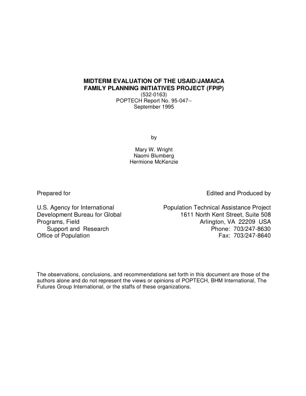 Midterm evaluation of the USAID/Jamaica family planning initiatives project (FPIP) (532-0163)