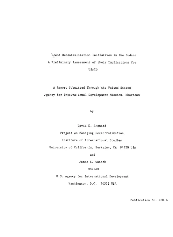 Recent decentralization initiatives in the Sudan : a preliminary assessment of their implications for USAID