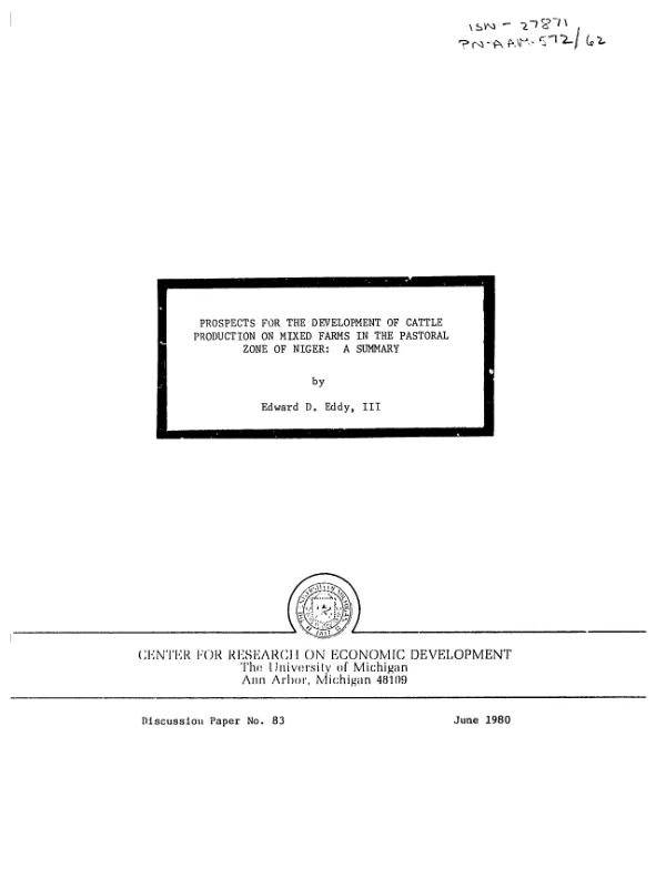 Prospects for the development of cattle production on mixed farms in the pastoral zone of Niger : a summary