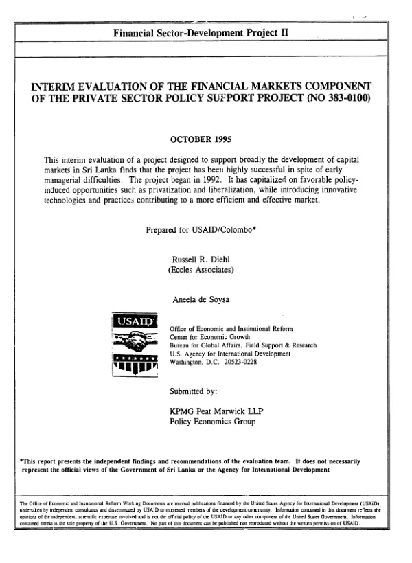 Interim evaluation of the financial markets component of the private sector policy support project (no. 383-0100)