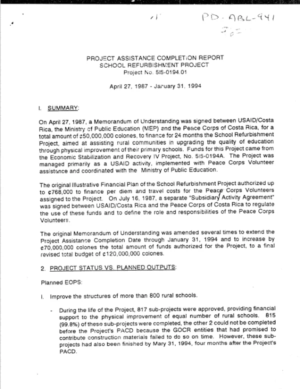 Project assistance completion report : school of refurbishment project, project no. 515-0194.01 -- April 27, 1987-January 31, 1994