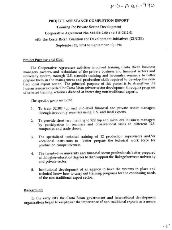 Project assistance completion report : training for private sector development -- cooperative agreement no. 515-0212.00 and 515-0212.01 with the Costa Rican Coalition for Development Initiatives (CINDE), September 28, 1984 to September 30, 1994