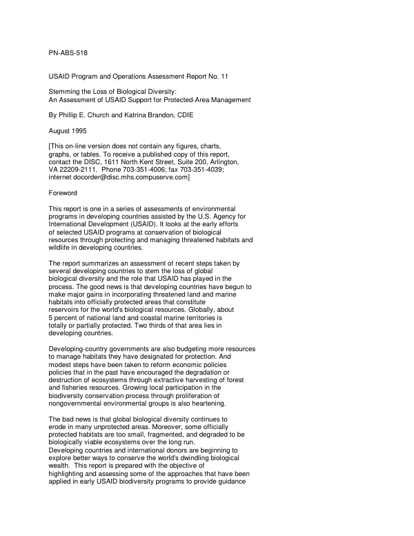 Stemming the loss of biological diversity : an assessment of USAID support for protected-area management