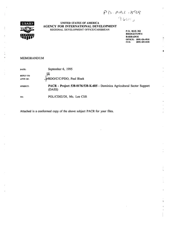 Dominica agricultural sector support (DASS) program : program number 538-0176/538-K-605 -- program assistance completion report (PACR)