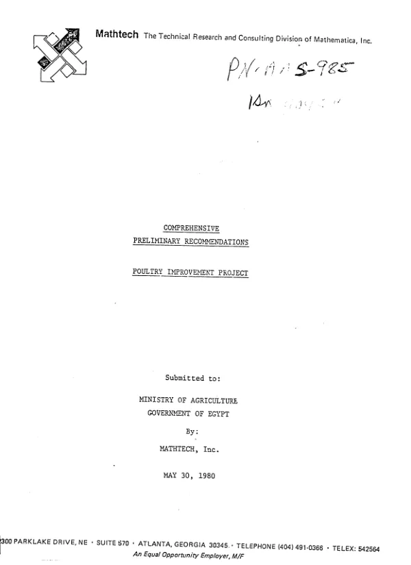 Comprehensive preliminary recommendations : poultry improvement project