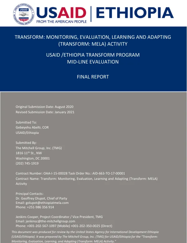 Transform : monitoring, evaluation, learning and adapting (transform: MELA) activity : USAID /Ethiopia transform program : mid-line evaluation : final report