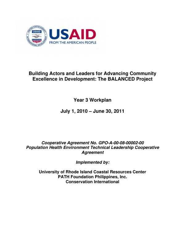Building actors and leaders for advancing community excellence in development : the balanced project -- year 3 workplan, July 1, 2010-June 30, 2011