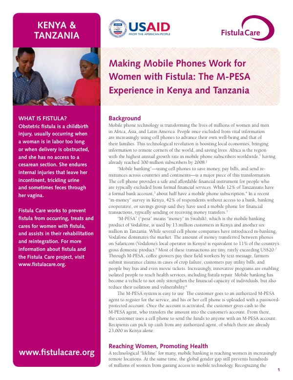 Making mobile phones work for women with fistula : the M-PESA experience in Kenya and Tanzania