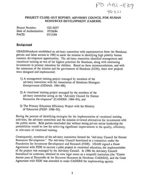 Project close-out report : Advisory Council for Human Resources Development (CADERH)