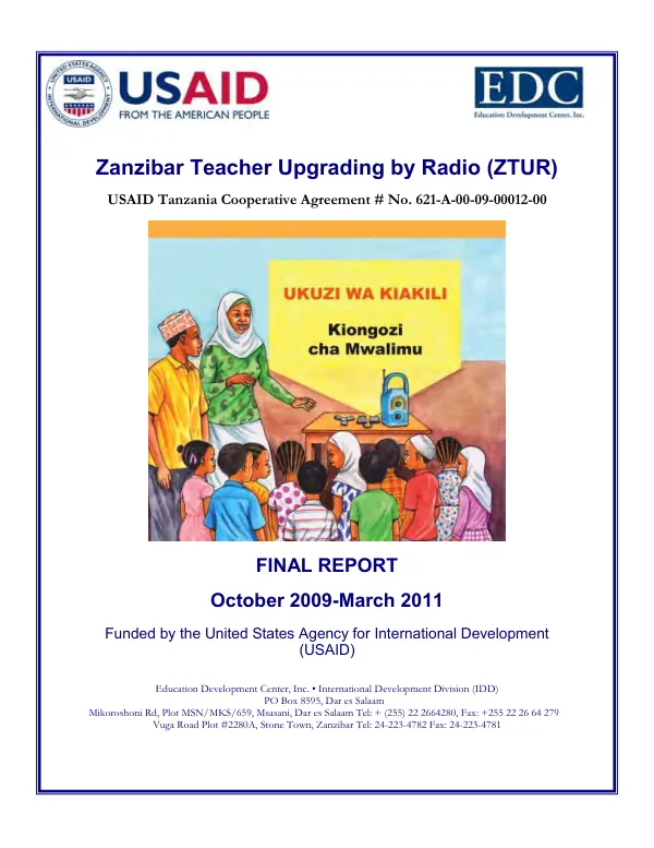 ZTUR : Zanzibar teacher upgrading by radio -- final report -- reporting period, October 2009-March 2011