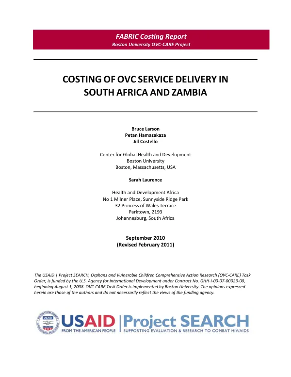 Costing of OVC service delivery in South Africa and Zambia