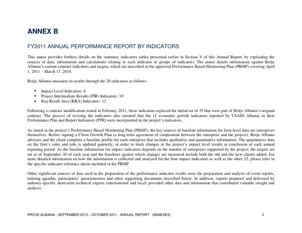 Rritje Albania/Competitive Enterprise Development Project Annual Report ANNEXES: October 2010 - September 2011