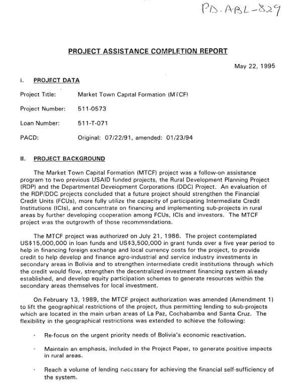 Project assistance completion report : market town capital formation (MTCF)