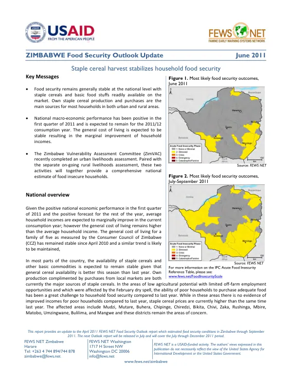 Zimbabwe food security outlook update, Jun 2011