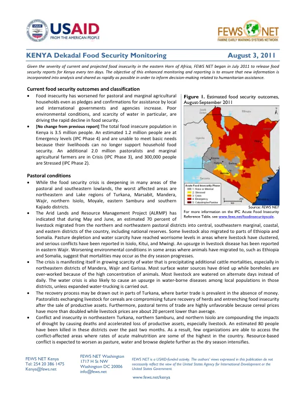 Kenya dekadal food security monitoring, August 3, 2011